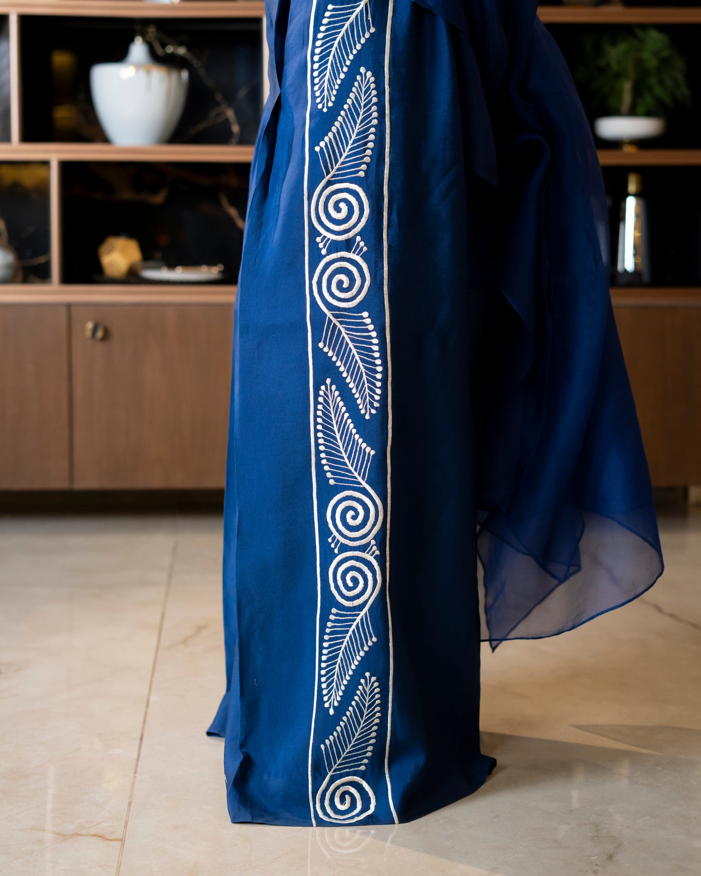 “Sapphire Flow – Organza & Silk Cape Ensemble”