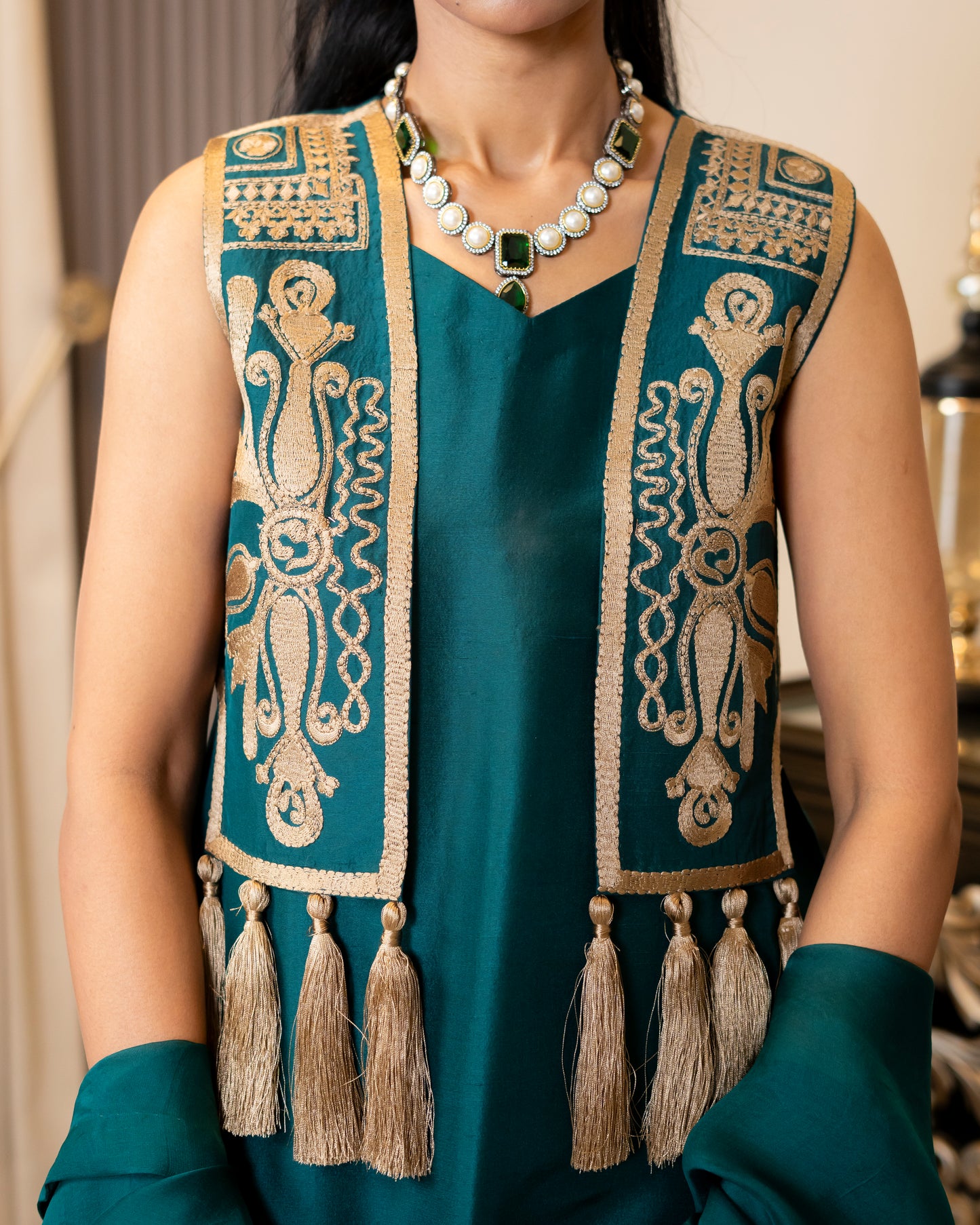 “Emerald Royale – Embroidered Waistcoat & Silk Ensemble”
