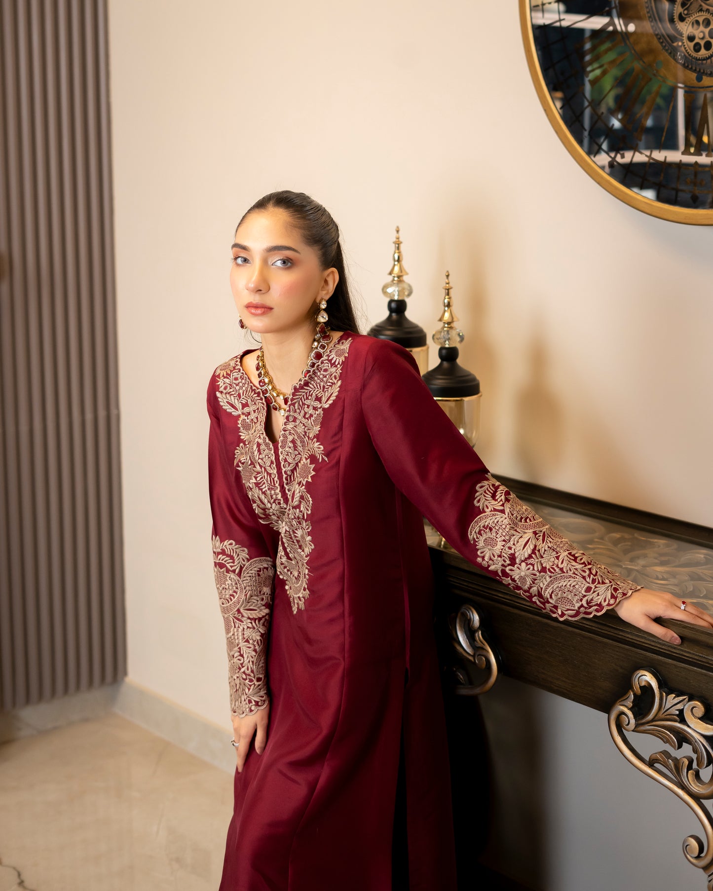 “Maroon Majesty – Pure Raw Silk Embroidered Long Shirt, Pants & Dupatta Ensemble”