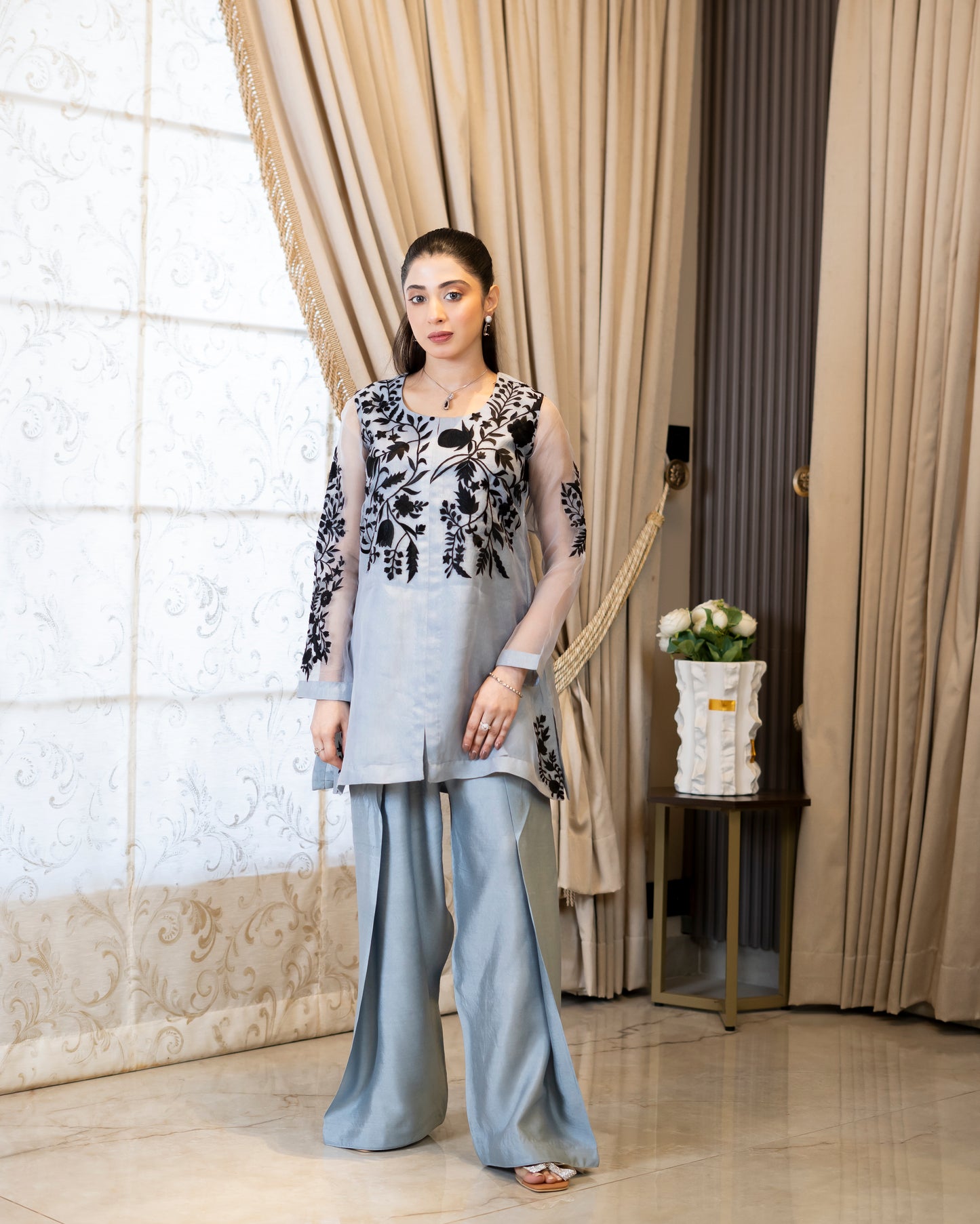 "Midnight Mist – Grey & Black Organza & Silk Embroidered Ensemble”