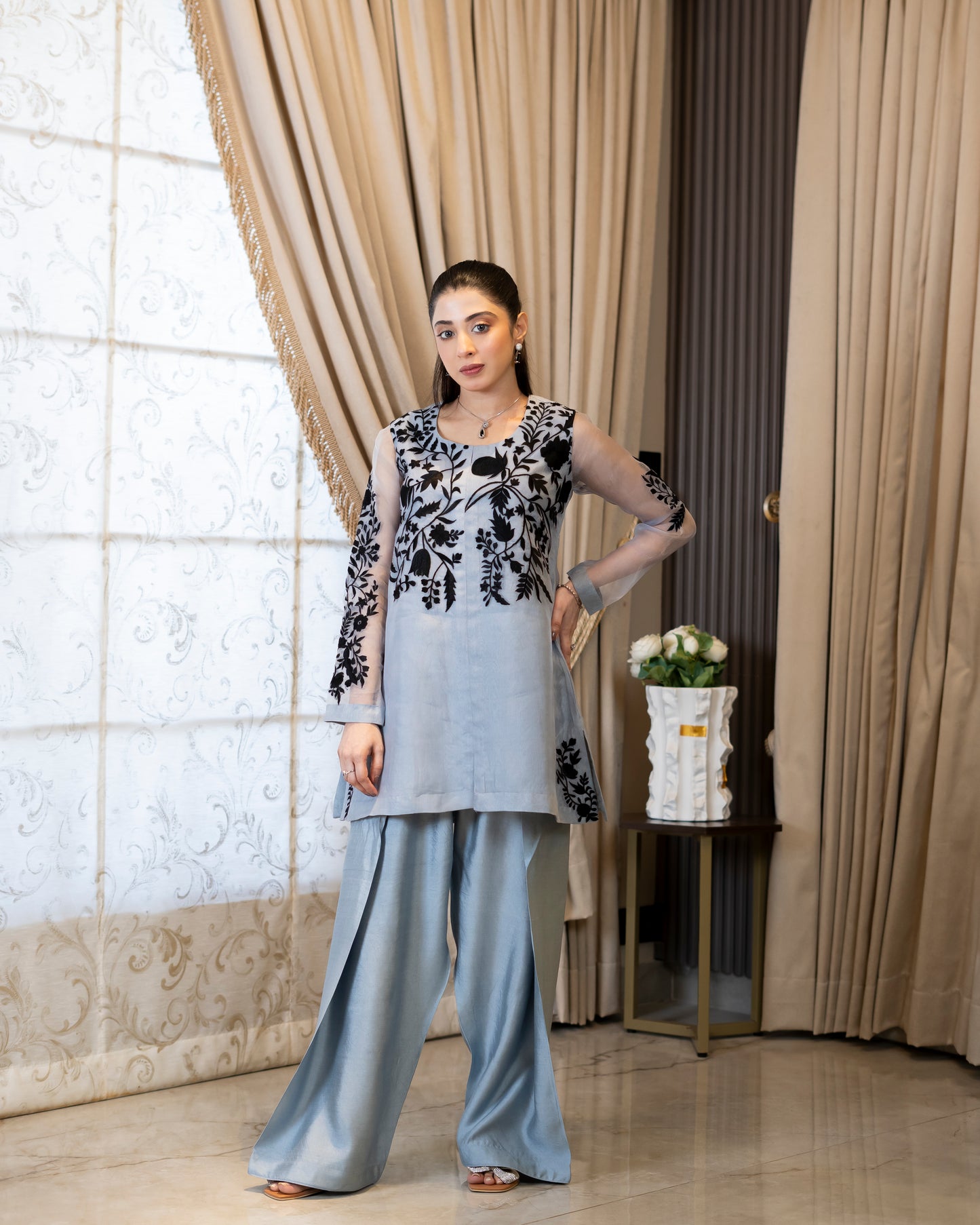 "Midnight Mist – Grey & Black Organza & Silk Embroidered Ensemble”