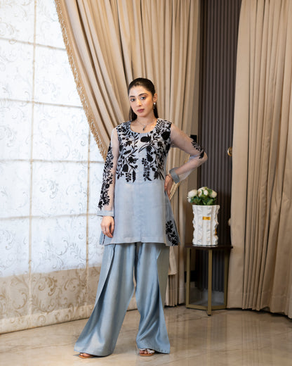"Midnight Mist – Grey & Black Organza & Silk Embroidered Ensemble”