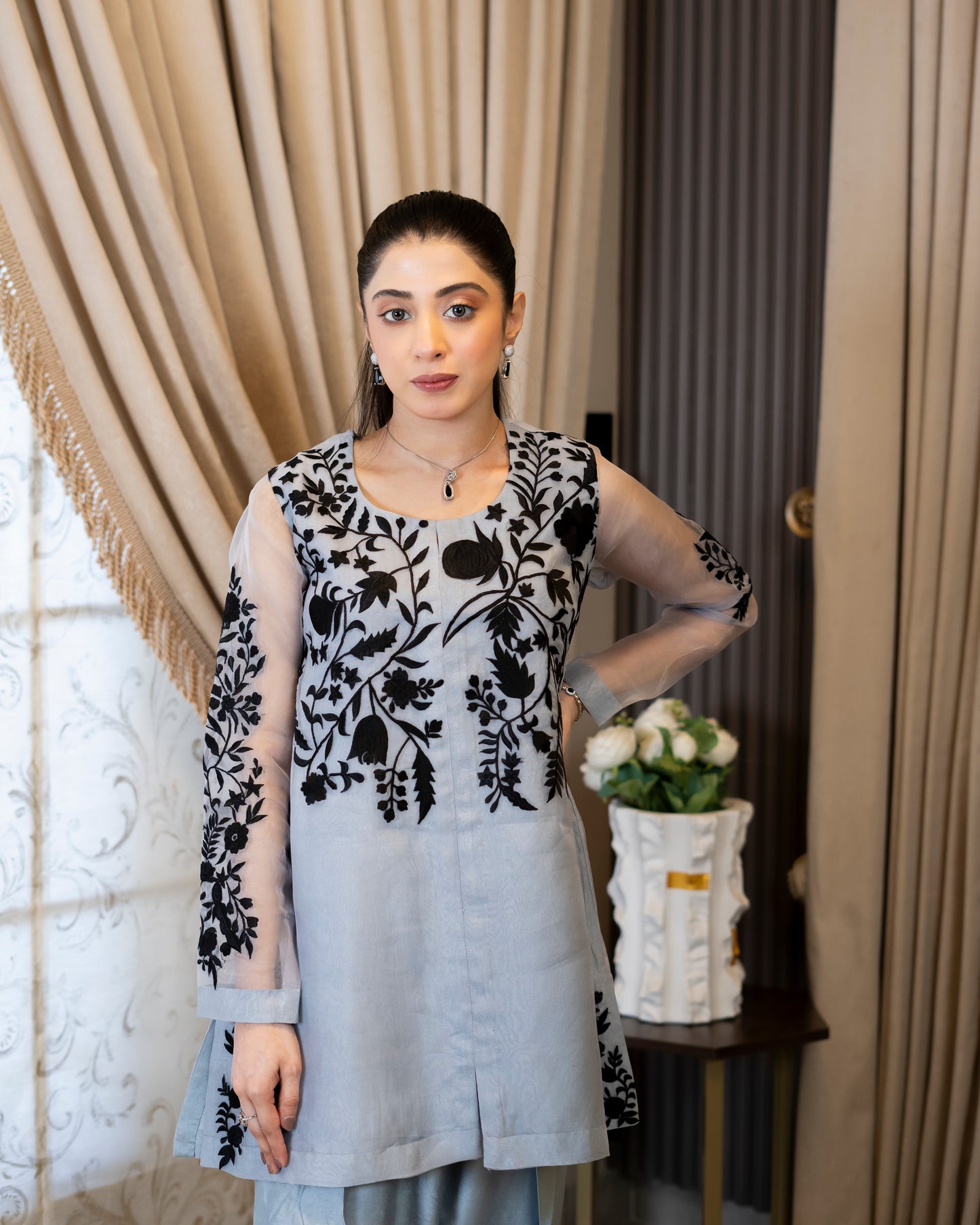 "Midnight Mist – Grey & Black Organza & Silk Embroidered Ensemble”