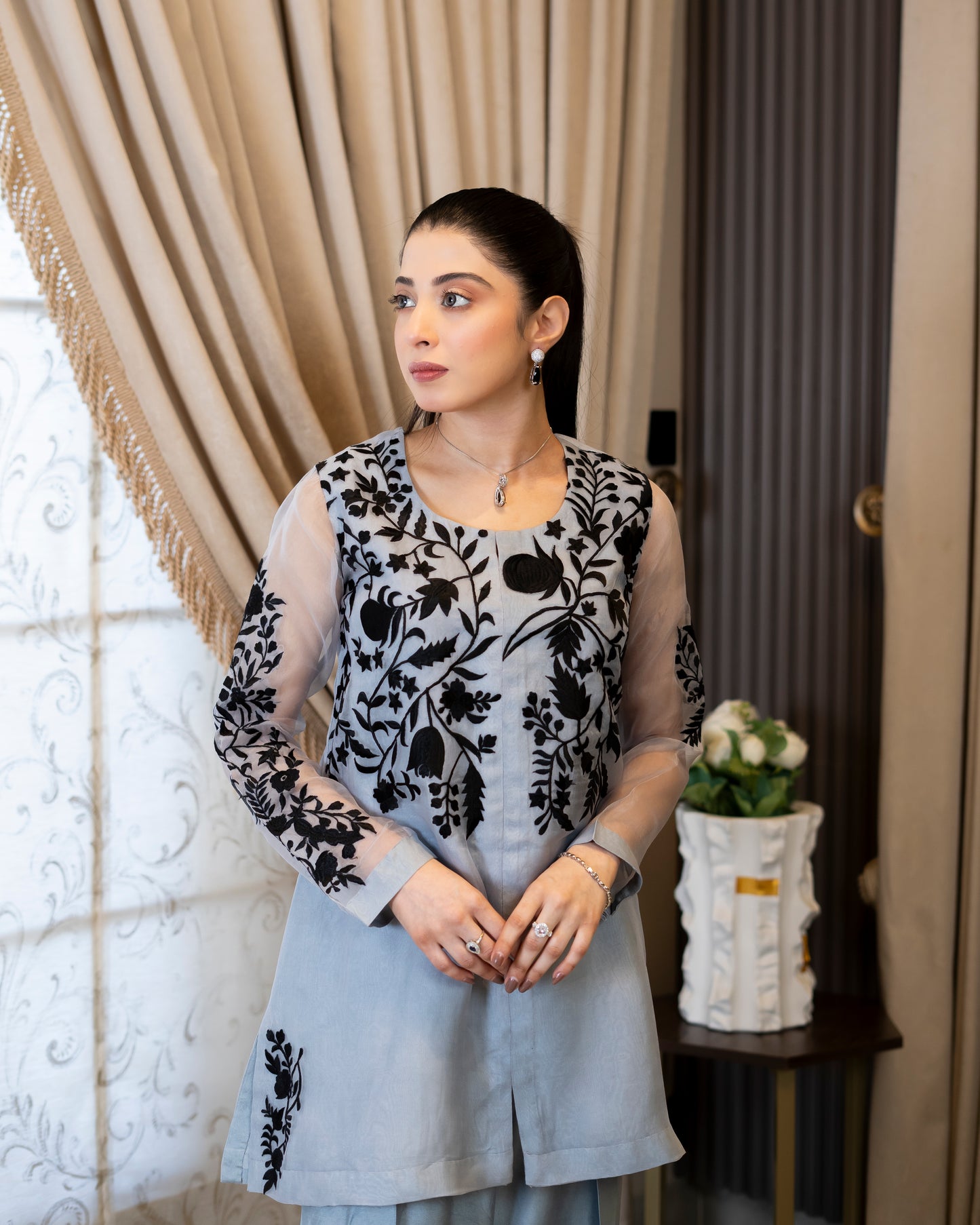 "Midnight Mist – Grey & Black Organza & Silk Embroidered Ensemble”