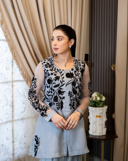 "Midnight Mist – Grey & Black Organza & Silk Embroidered Ensemble”