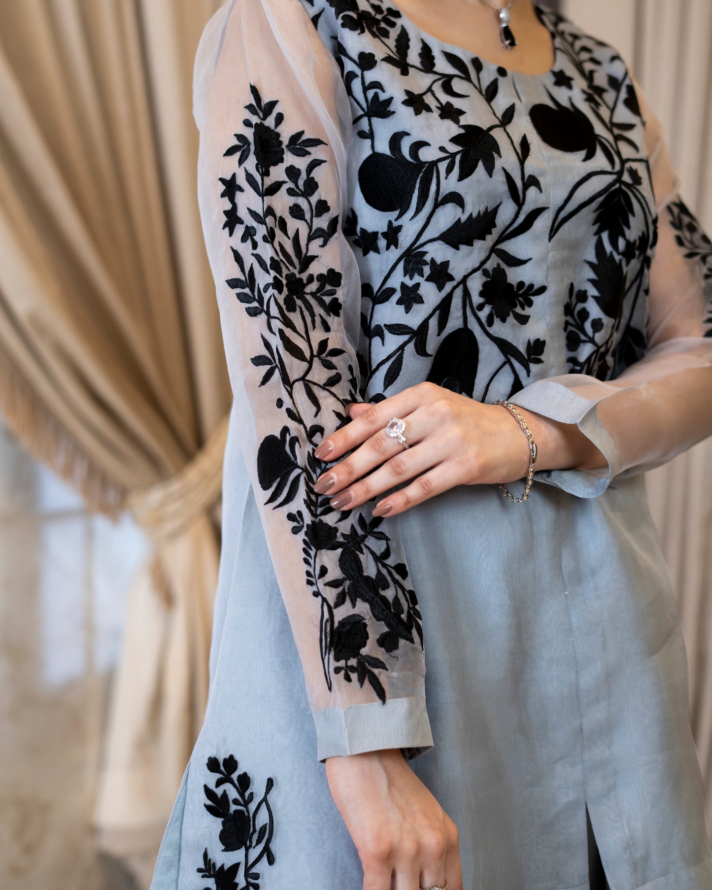 "Midnight Mist – Grey & Black Organza & Silk Embroidered Ensemble”