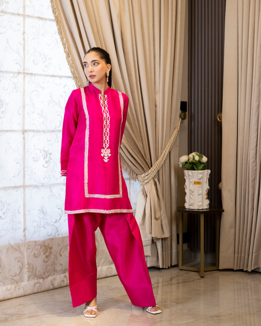 “Fuchsia Royale – Pink Embroidered Silk Ensemble”