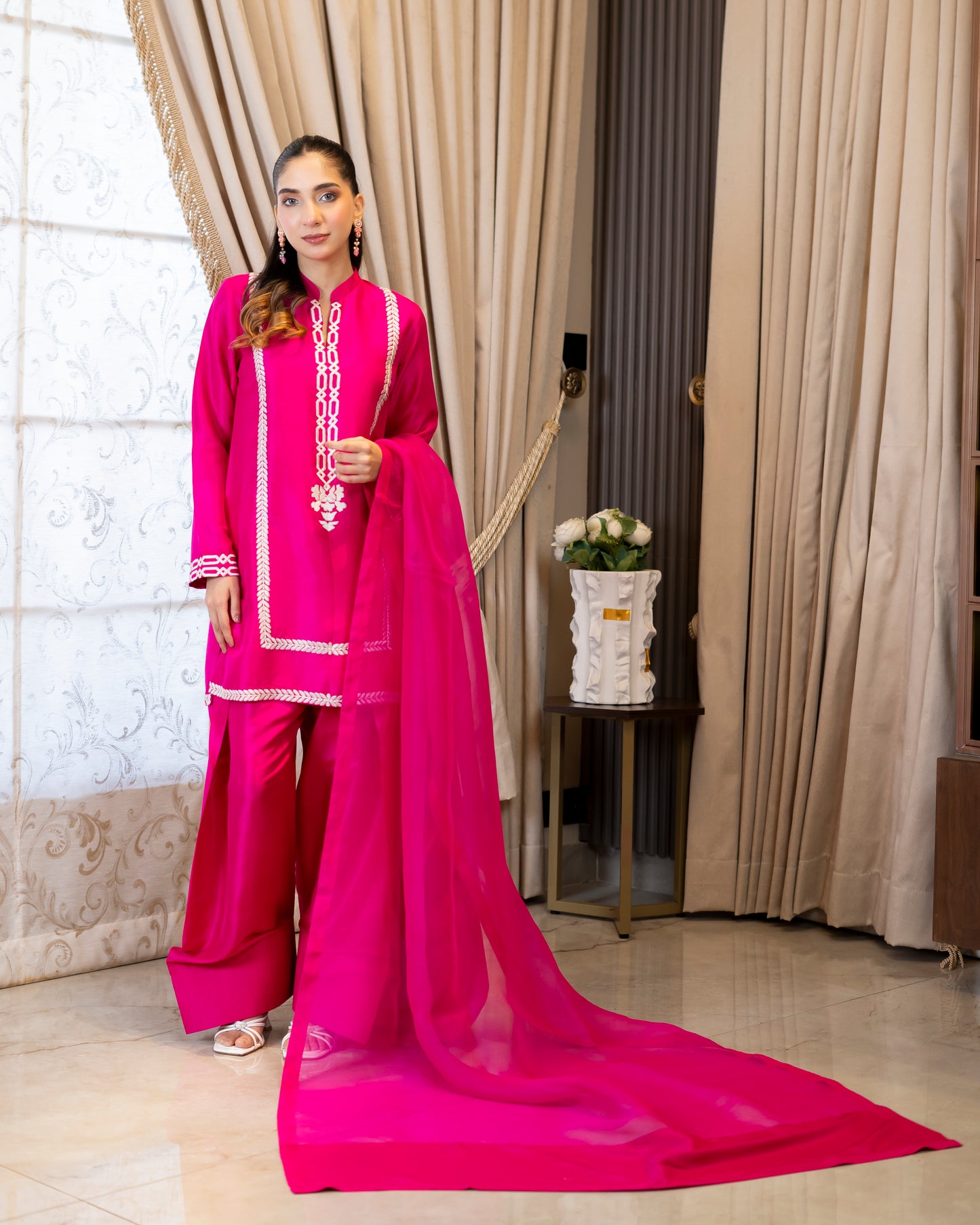 “Fuchsia Royale – Pink Embroidered Silk Ensemble”