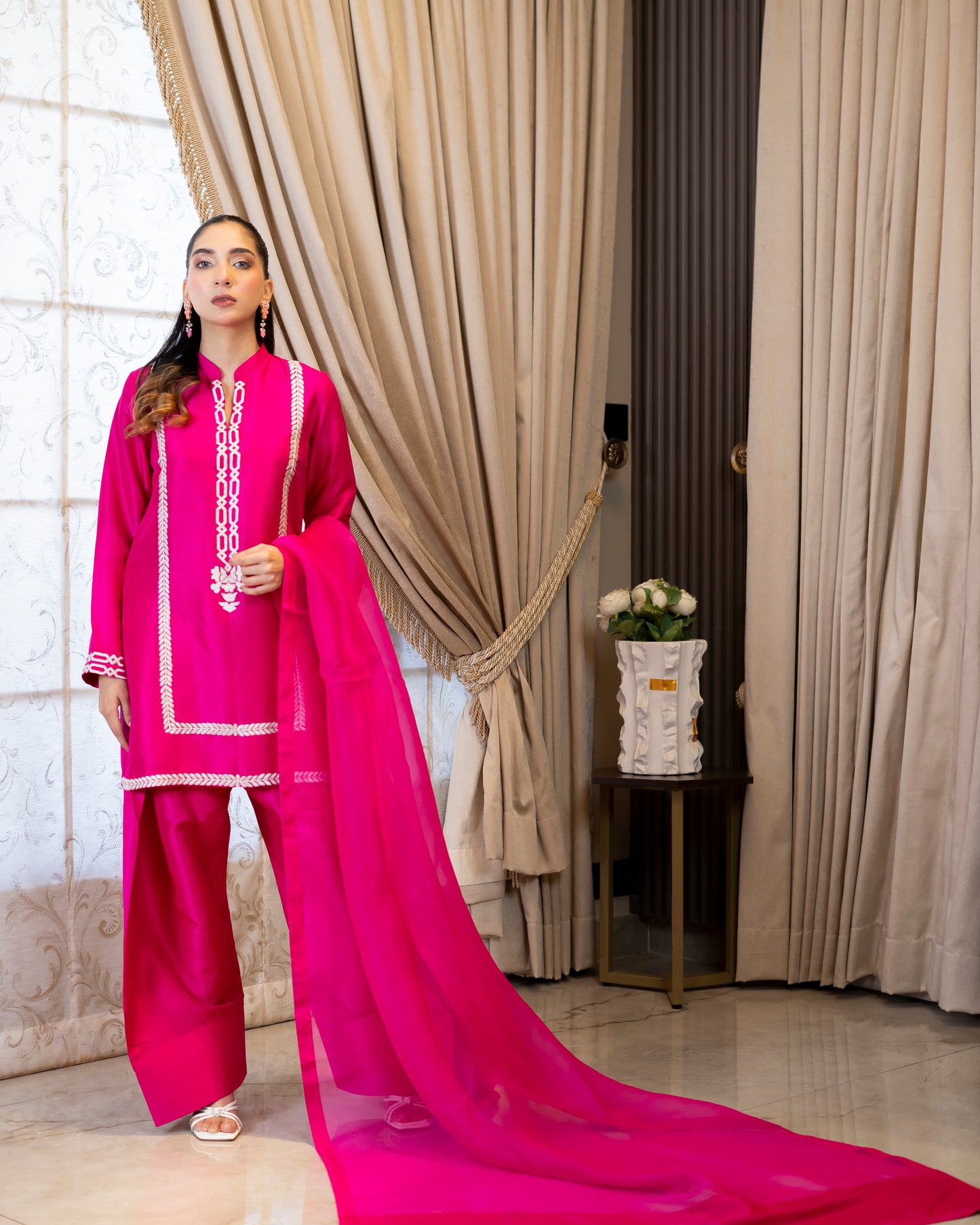“Fuchsia Royale – Pink Embroidered Silk Ensemble”