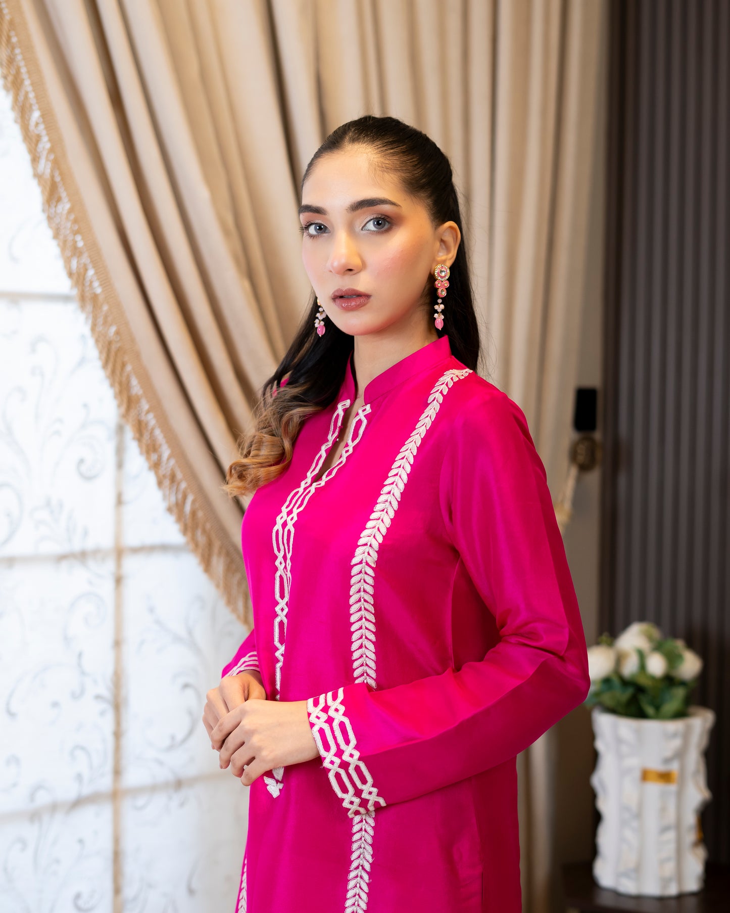 “Fuchsia Royale – Pink Embroidered Silk Ensemble”
