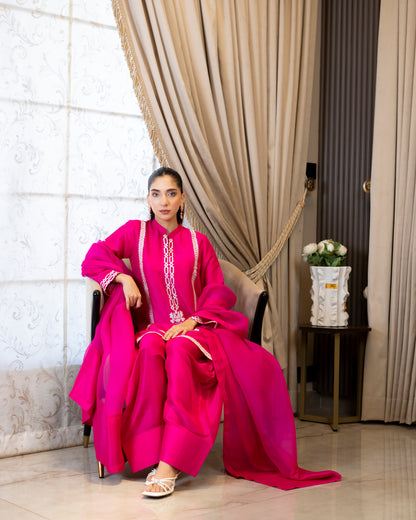 “Fuchsia Royale – Pink Embroidered Silk Ensemble”
