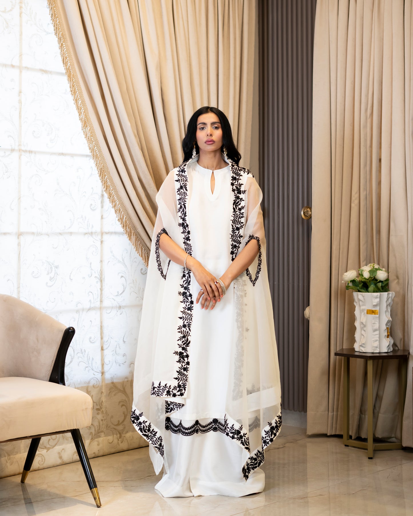 “Ethereal Elegance – White & Black Organza & Silk Ensemble”