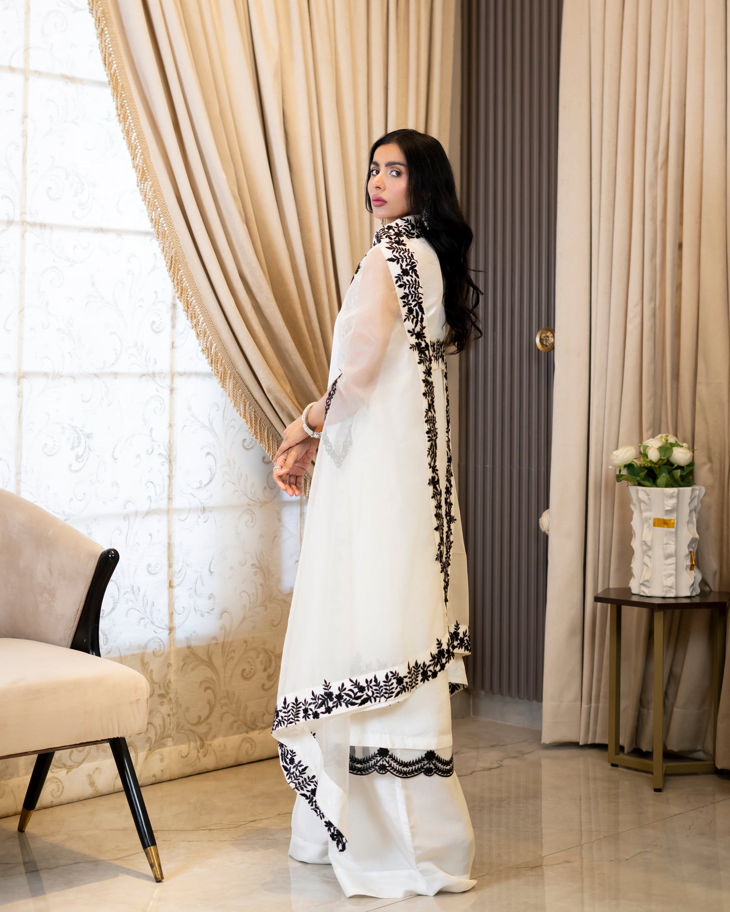 “Ethereal Elegance – White & Black Organza & Silk Ensemble” - (RTS)