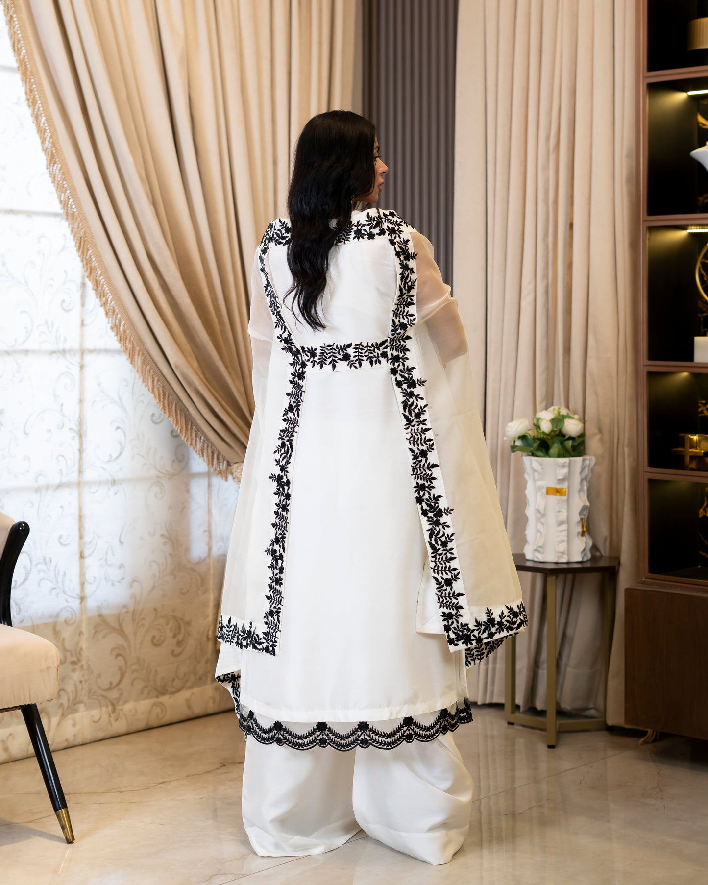 “Ethereal Elegance – White & Black Organza & Silk Ensemble” - (RTS)