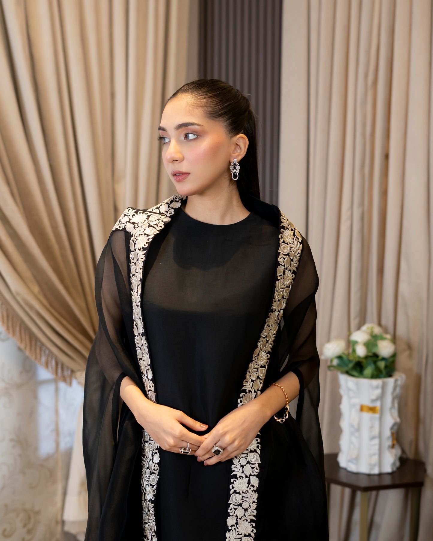 “Noir Elegance – Black & beige Organza & pure raw Silk Ensemble”