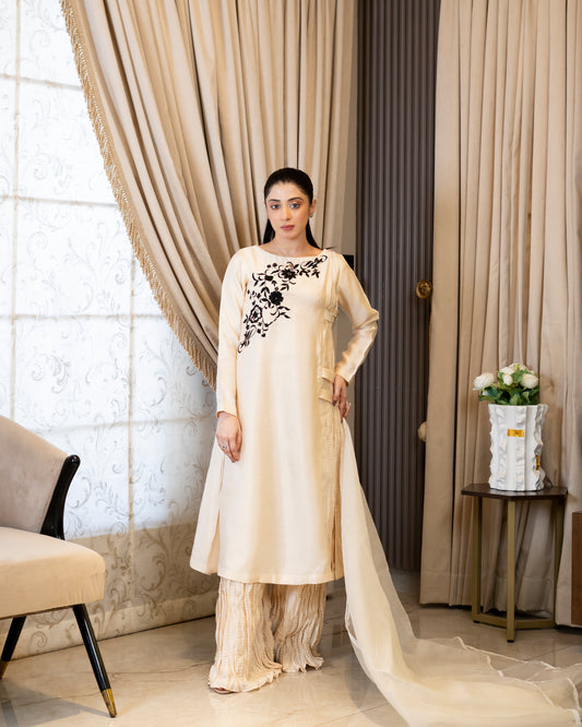 “Ivory Bloom – Silk & Organza Embroidered Ensemble”