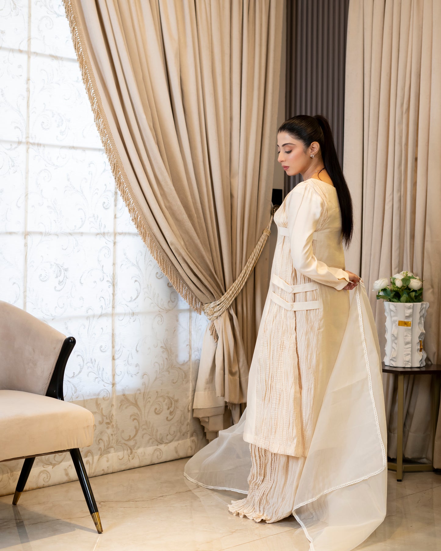 “Ivory Bloom – Silk & Organza Embroidered Ensemble”