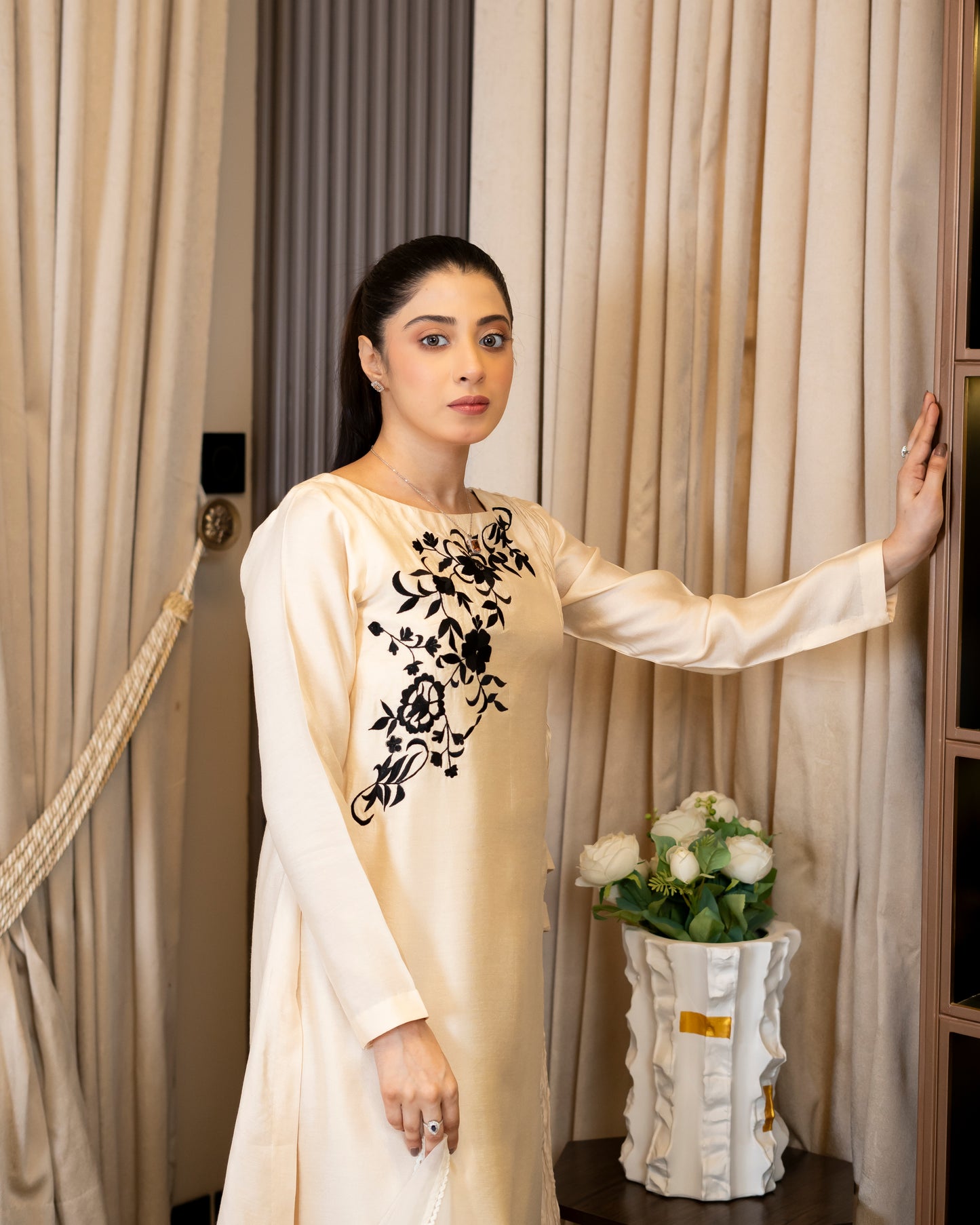 “Ivory Bloom – Silk & Organza Embroidered Ensemble”