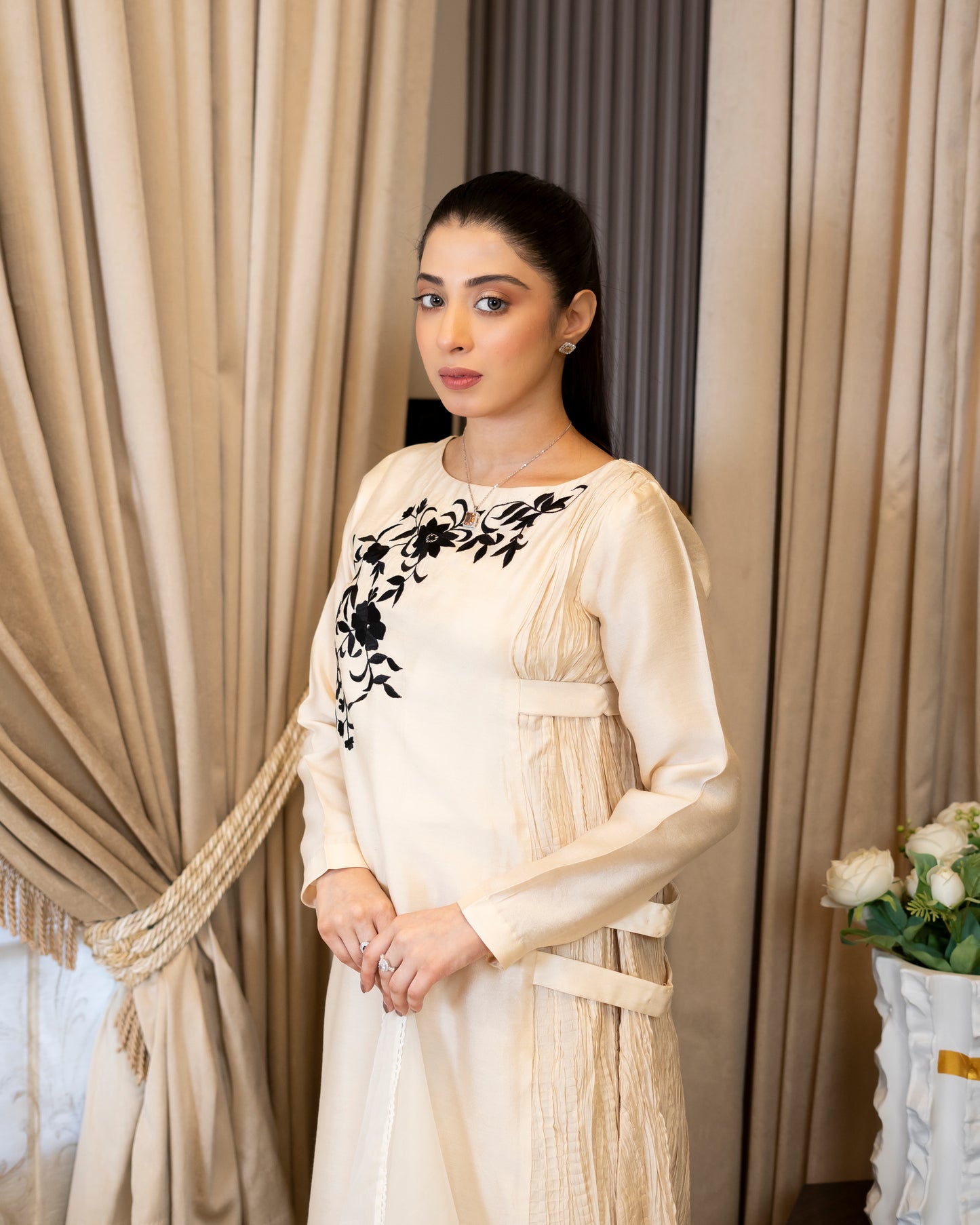 “Ivory Bloom – Silk & Organza Embroidered Ensemble”