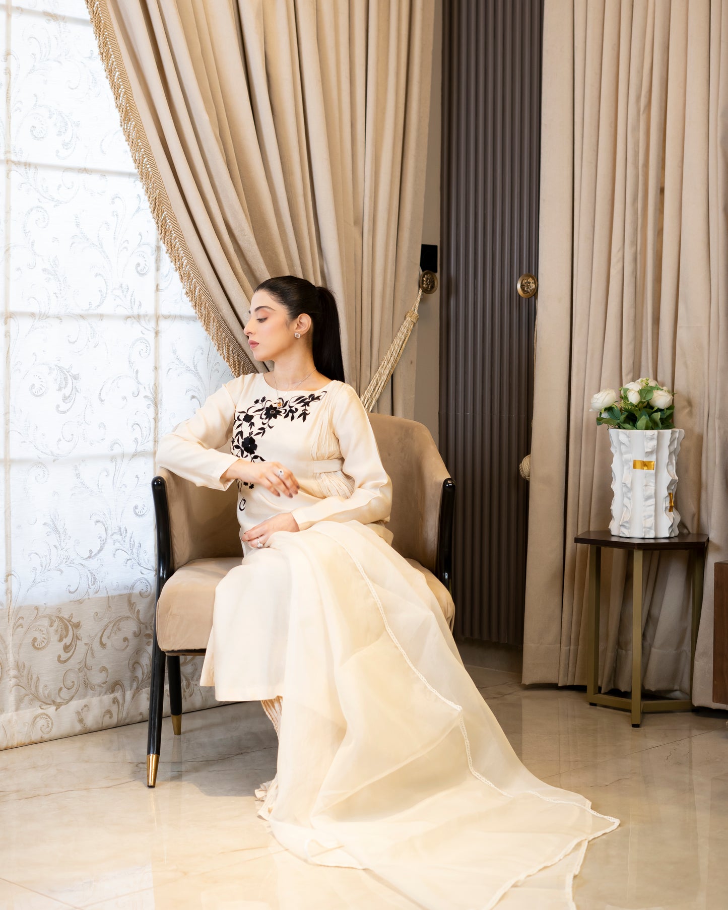 “Ivory Bloom – Silk & Organza Embroidered Ensemble”