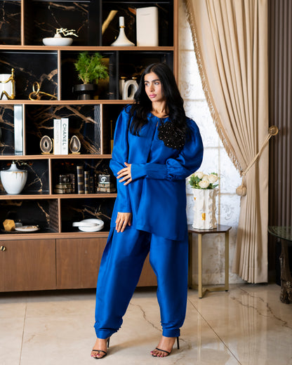 “Azure Prestige – Pure Raw Silk Jacket & Shalwar Ensemble”