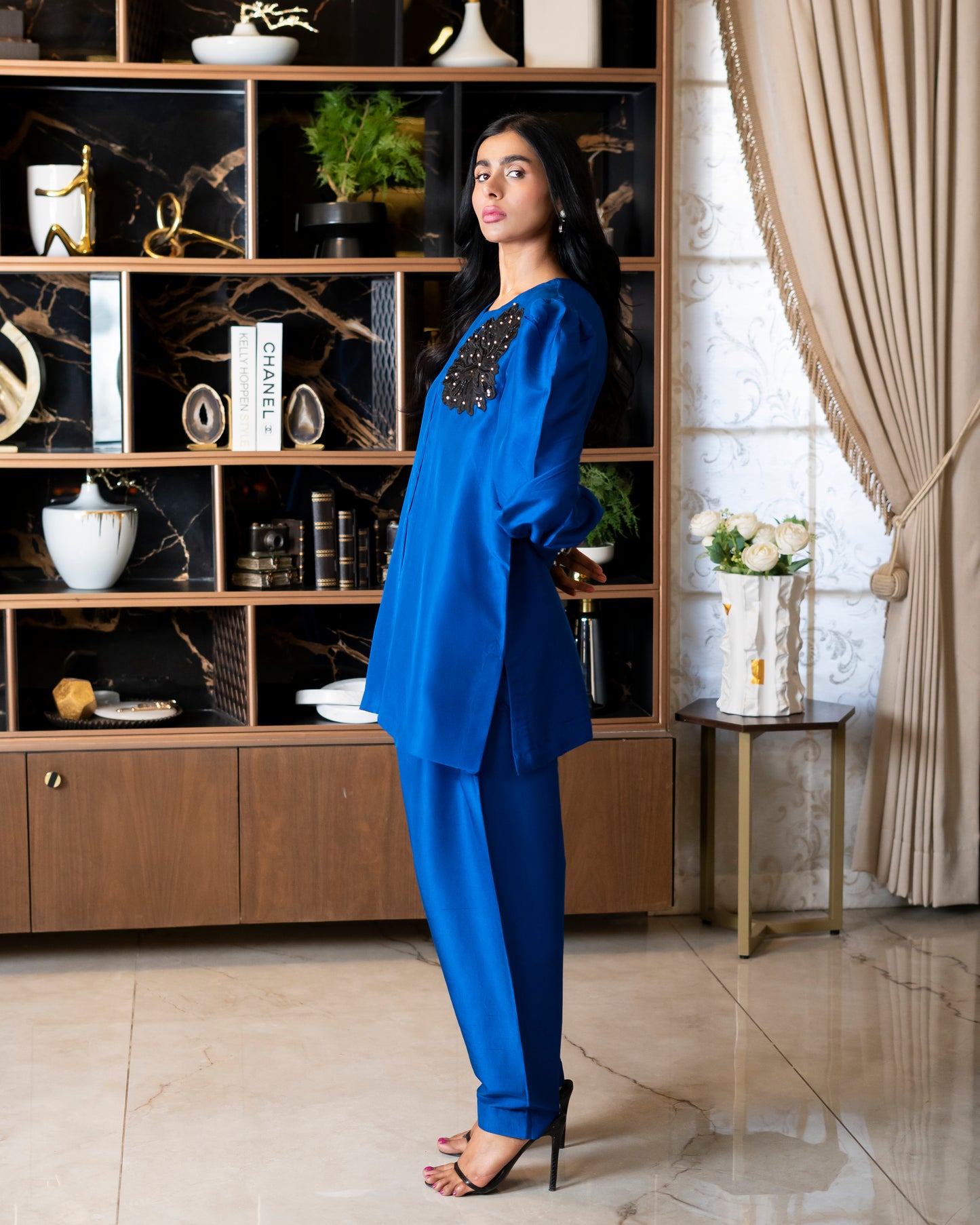 “Azure Prestige – Pure Raw Silk Jacket & Shalwar Ensemble”