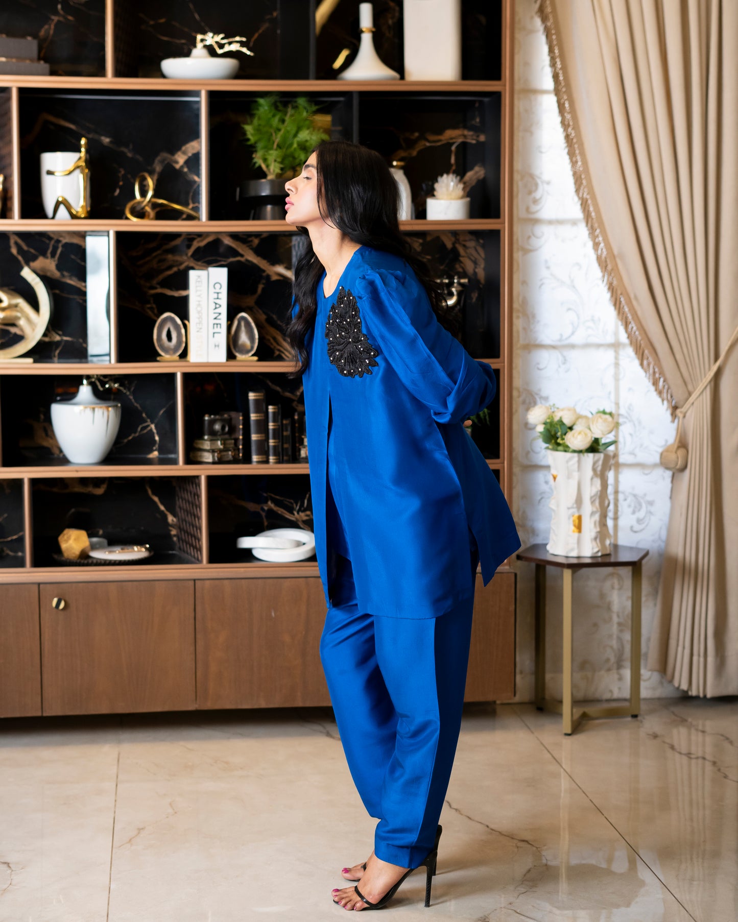 “Azure Prestige – Pure Raw Silk Jacket & Shalwar Ensemble”