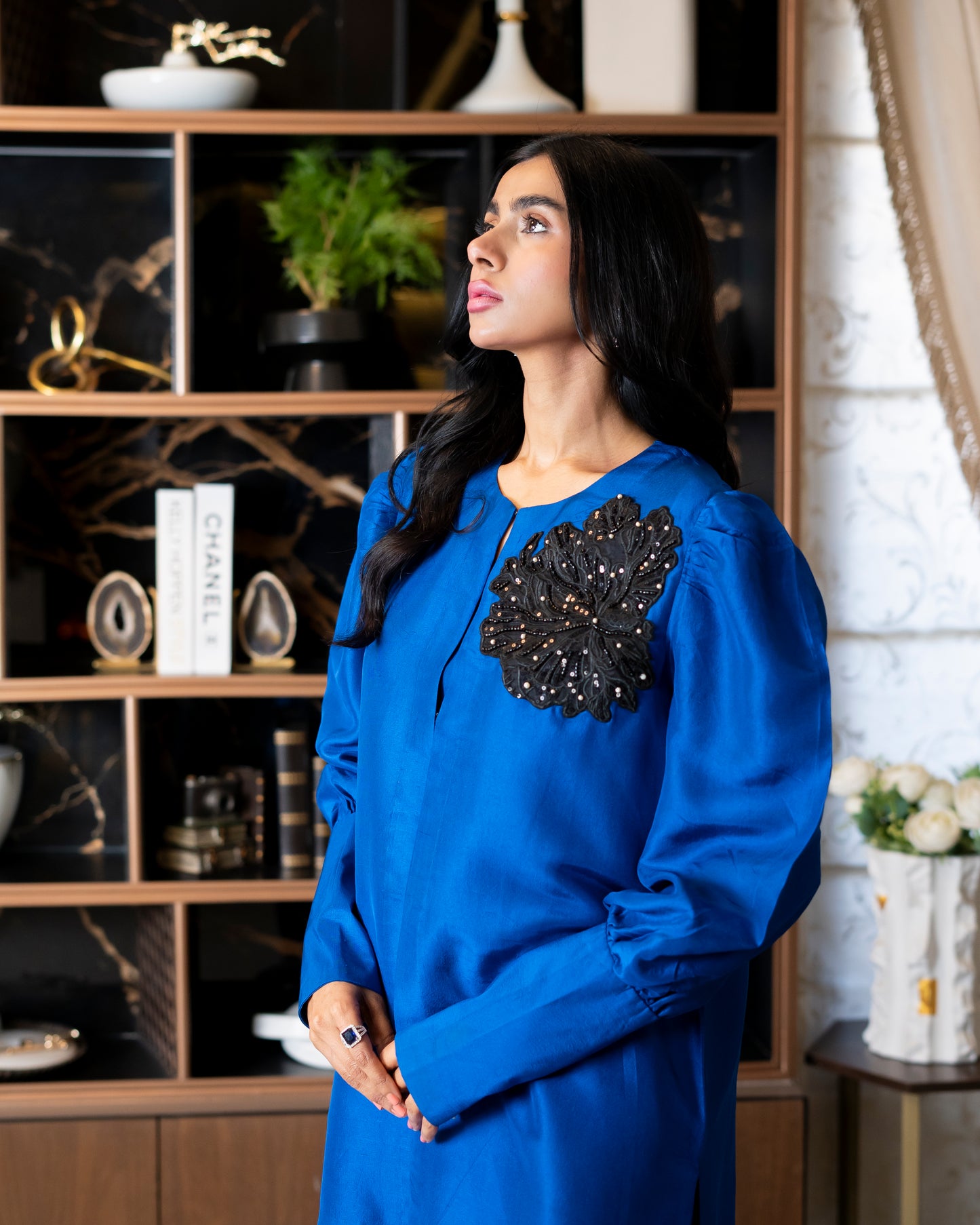 “Azure Prestige – Pure Raw Silk Jacket & Shalwar Ensemble”