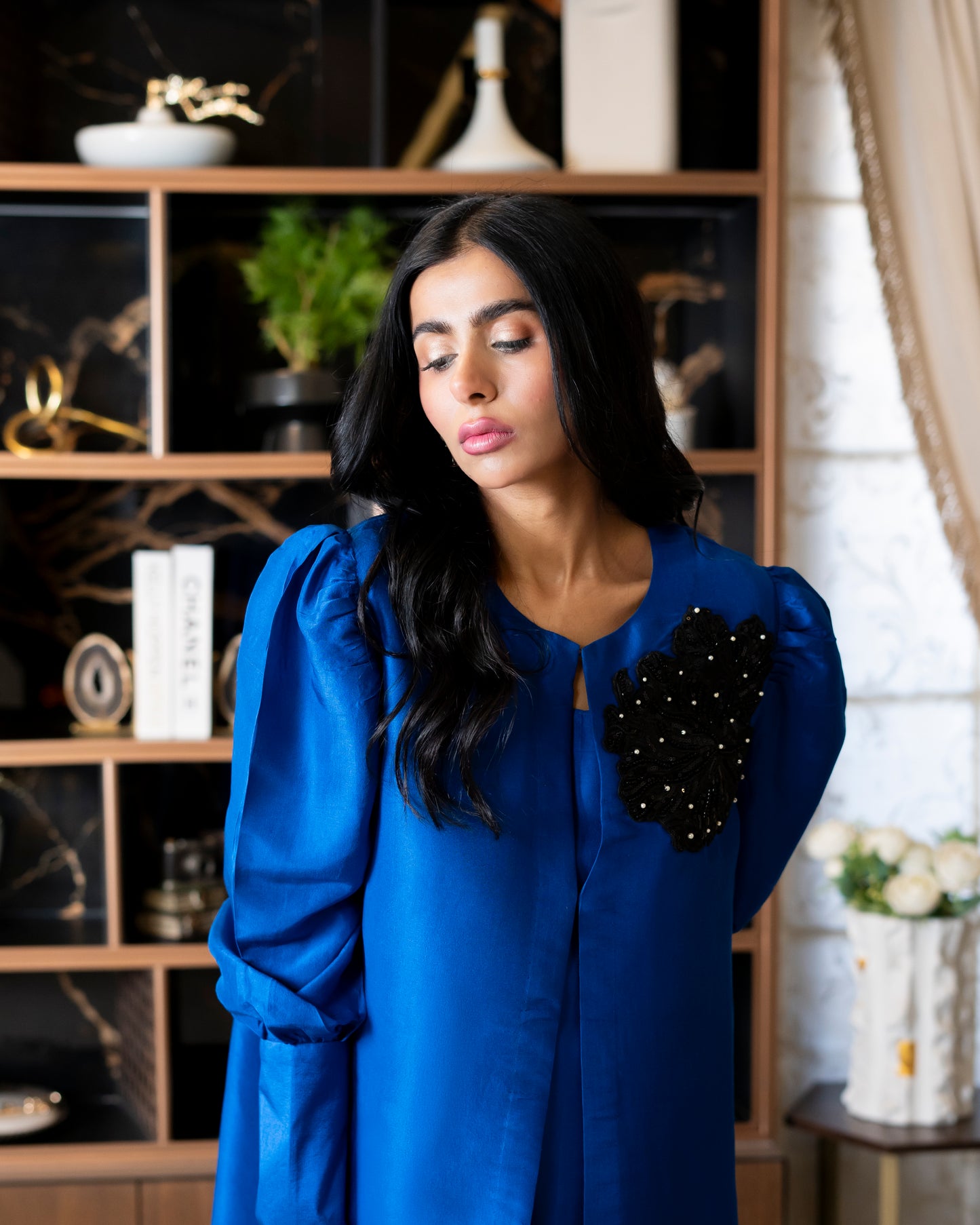 “Azure Prestige – Pure Raw Silk Jacket & Shalwar Ensemble”