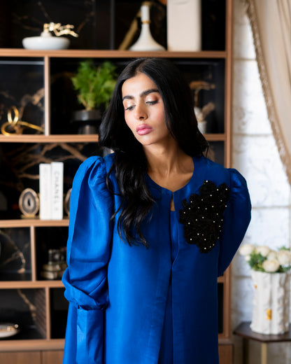 “Azure Prestige – Pure Raw Silk Jacket & Shalwar Ensemble”