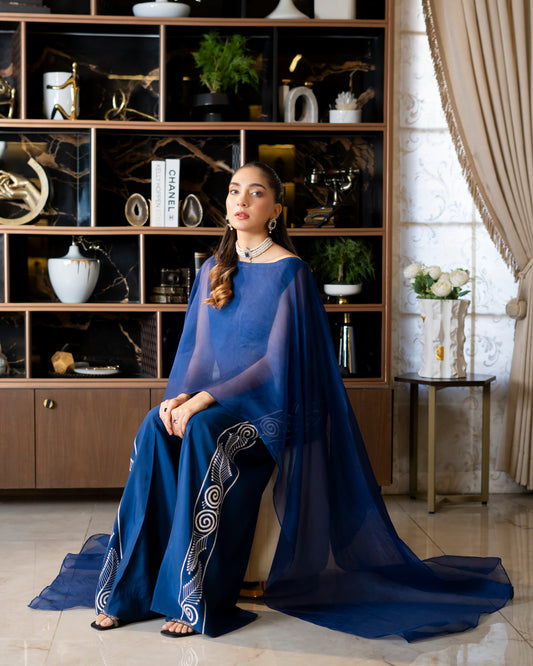 “Sapphire Flow – Organza & Silk Cape Ensemble”
