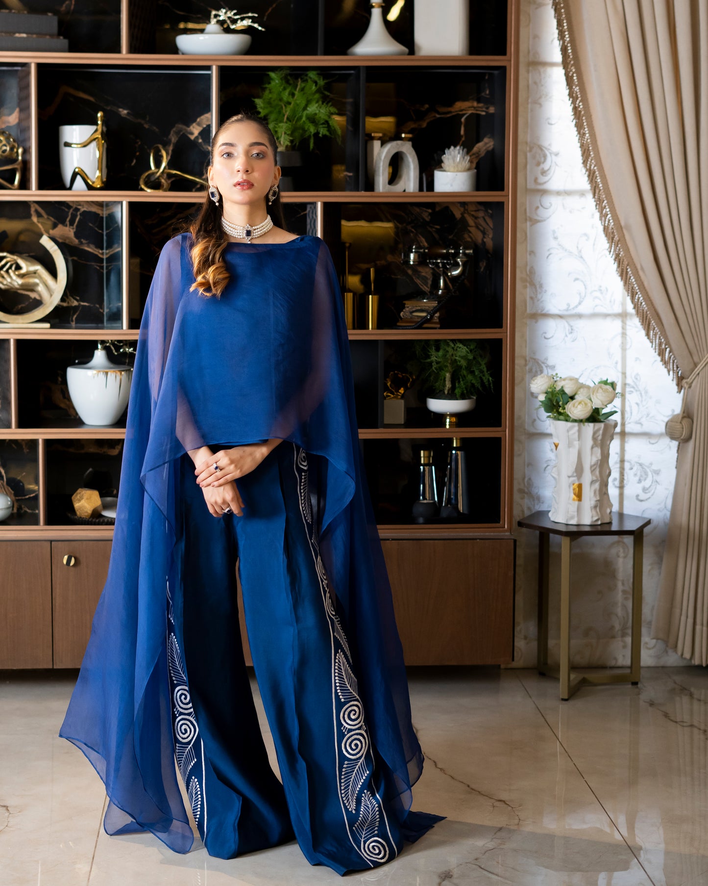 “Sapphire Flow – Organza & Silk Cape Ensemble”