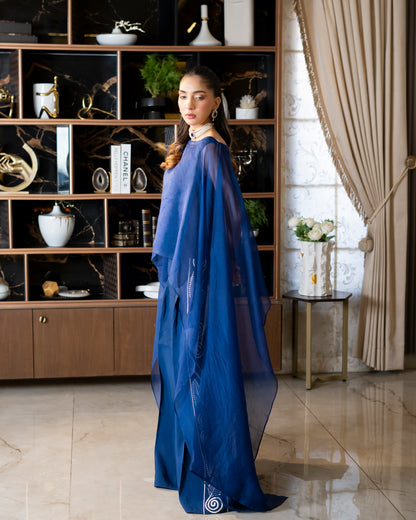 “Sapphire Flow – Organza & Silk Cape Ensemble”