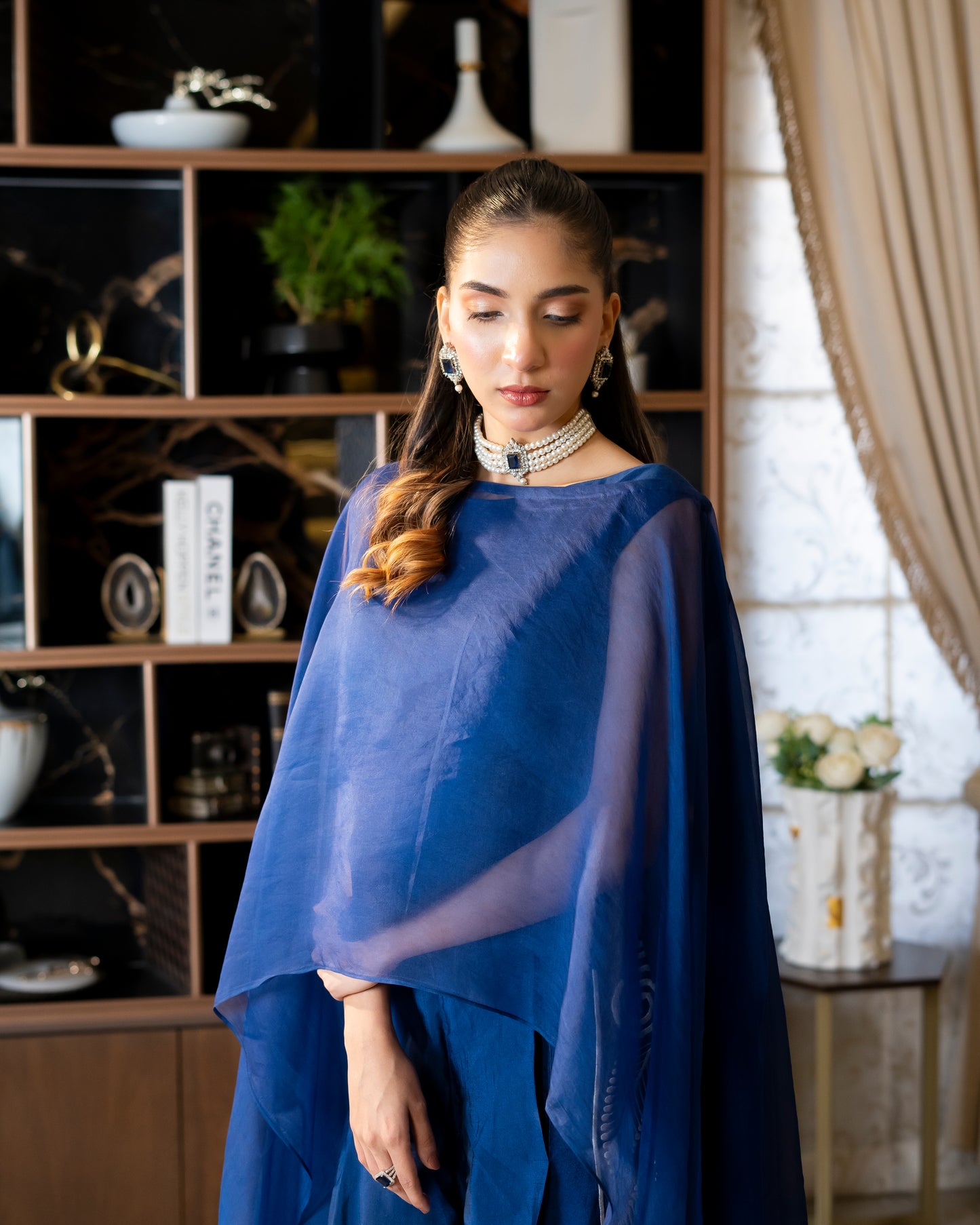 “Sapphire Flow – Organza & Silk Cape Ensemble”