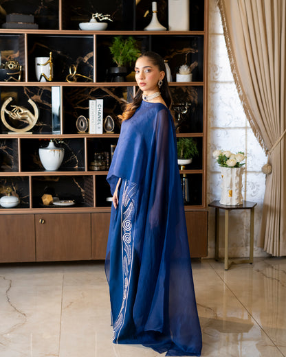 “Sapphire Flow – Organza & Silk Cape Ensemble”