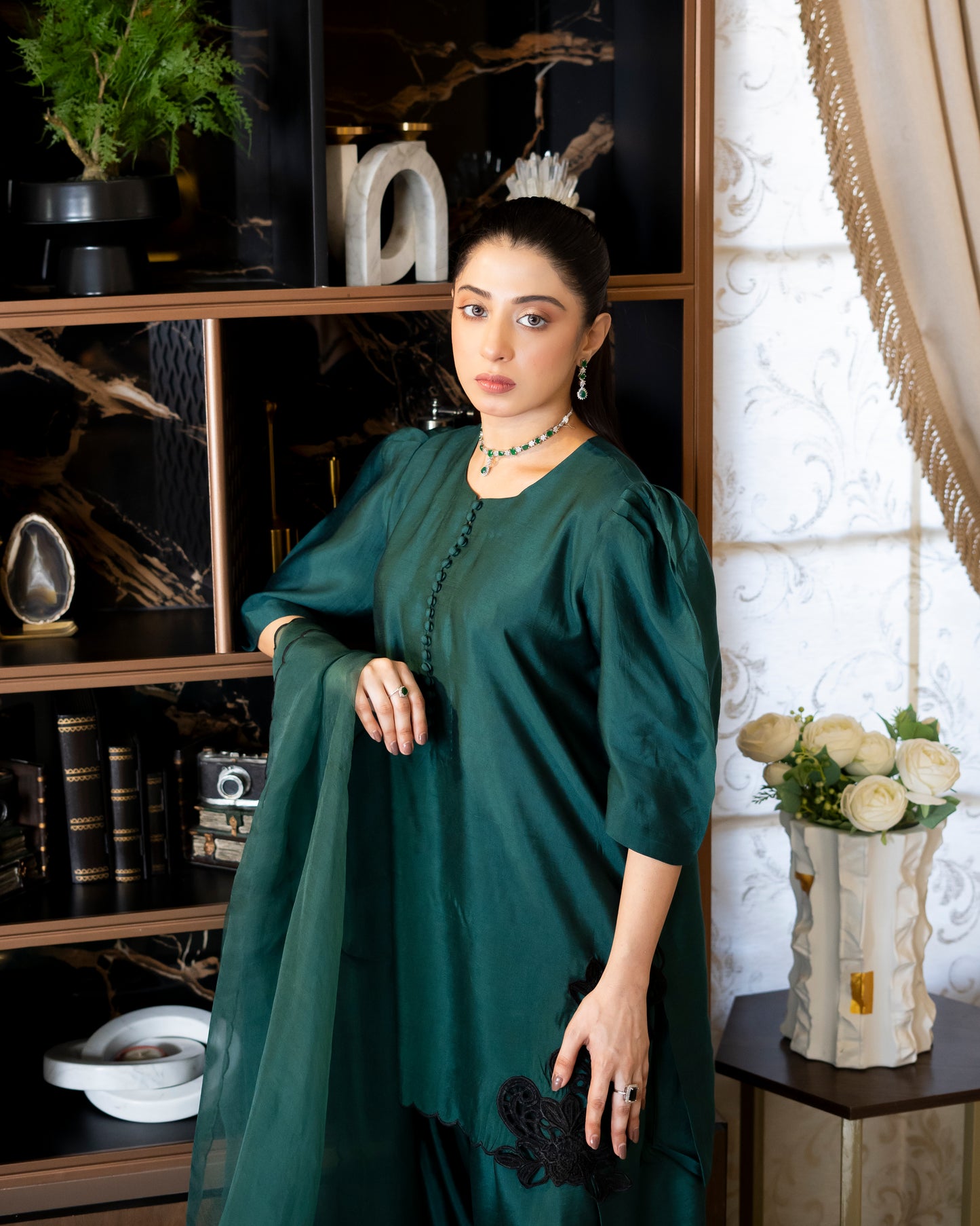“Emerald Enchant – Silk & Organza Embroidered Ensemble”