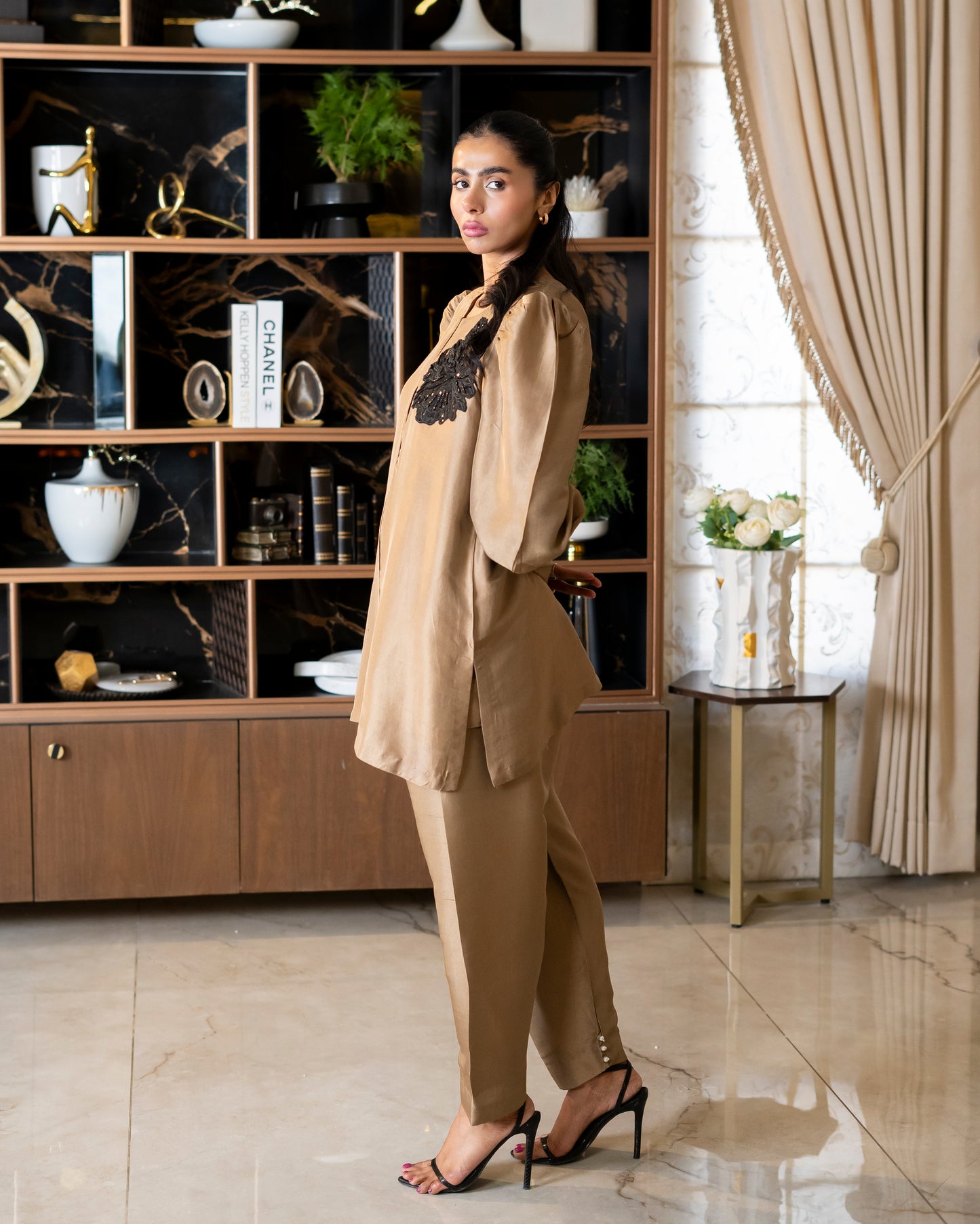 “ Mocha Luxe – Pure Raw Silk Jacket Shalwar Ensemble”