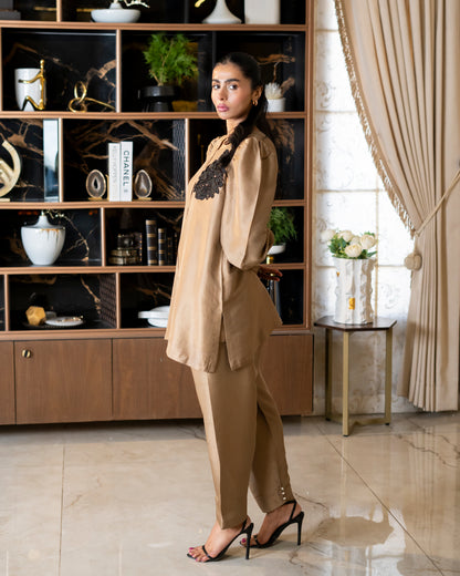 “ Mocha Luxe – Pure Raw Silk Jacket Shalwar Ensemble”