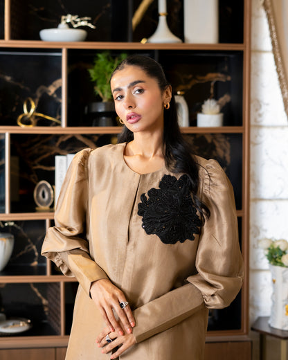 “ Mocha Luxe – Pure Raw Silk Jacket Shalwar Ensemble”