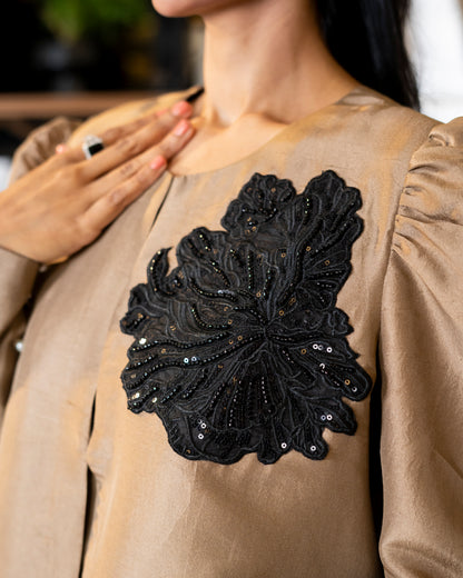 “ Mocha Luxe – Pure Raw Silk Jacket Shalwar Ensemble”