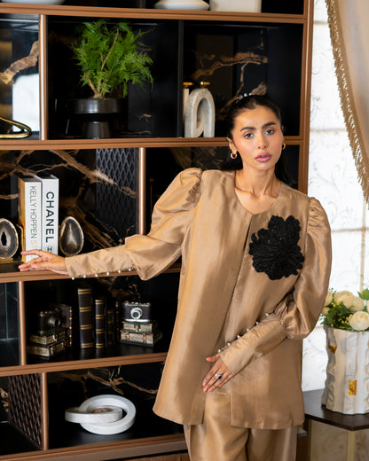 “ Mocha Luxe – Pure Raw Silk Jacket Shalwar Ensemble”