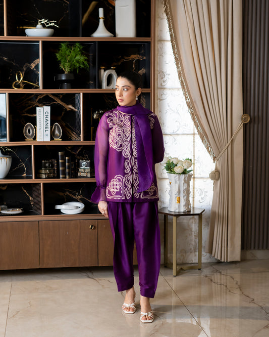 “Amethyst Grace – Pure Raw Silk Jacket & Shalwar Ensemble”