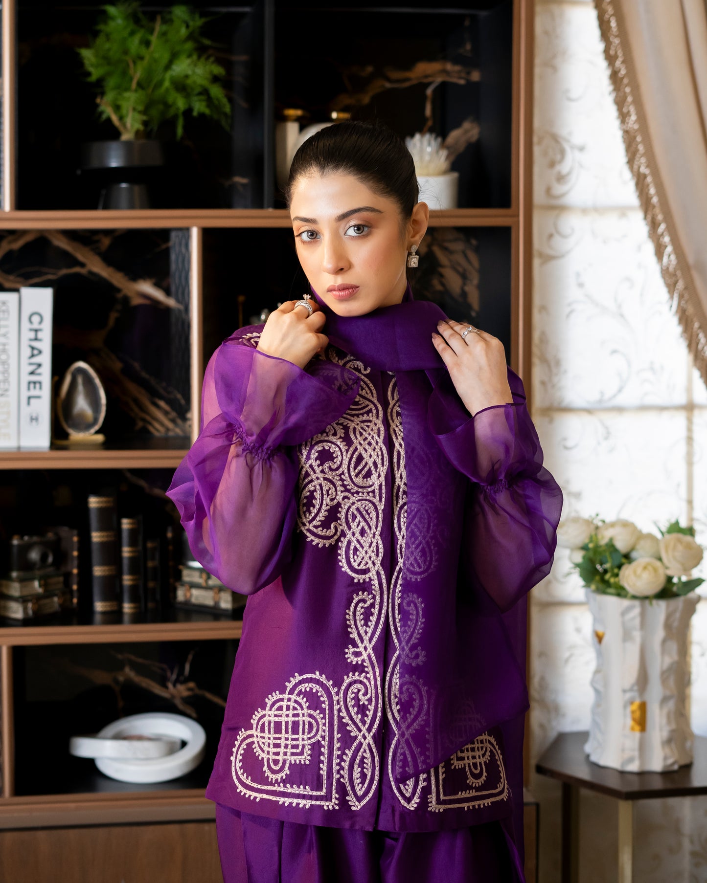 “Amethyst Grace – Pure Raw Silk Jacket & Shalwar Ensemble”