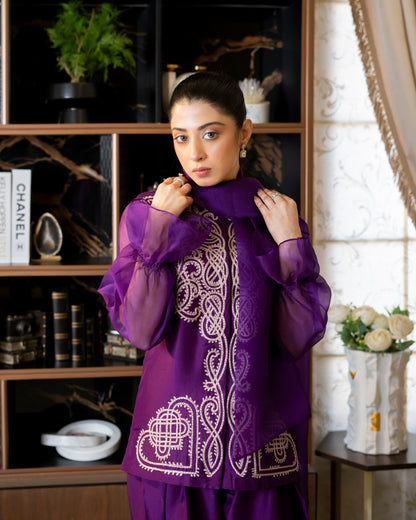 “Amethyst Grace – Pure Raw Silk Jacket & Shalwar Ensemble”