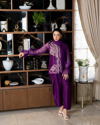 “Amethyst Grace – Pure Raw Silk Jacket & Shalwar Ensemble”