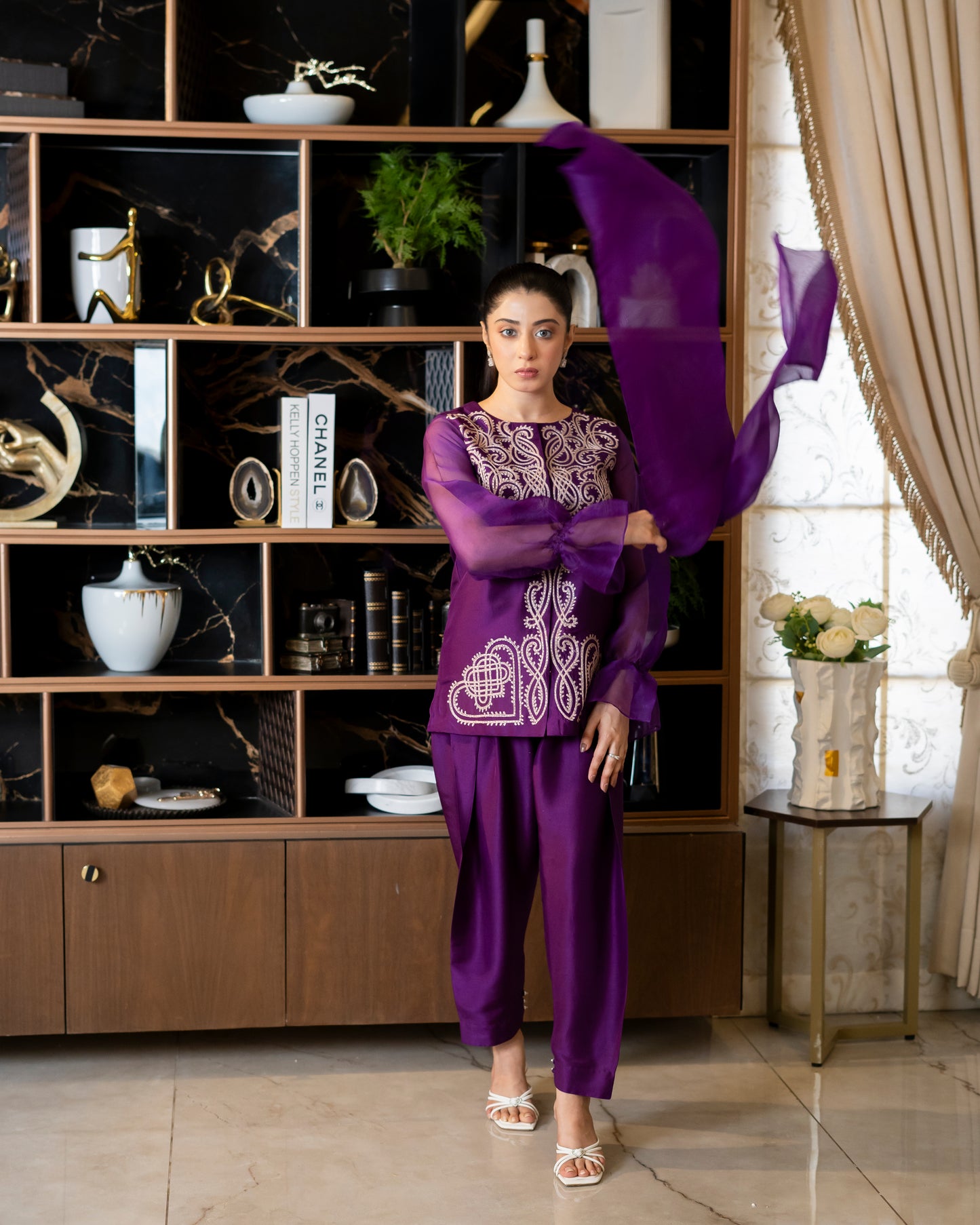 “Amethyst Grace – Pure Raw Silk Jacket & Shalwar Ensemble”