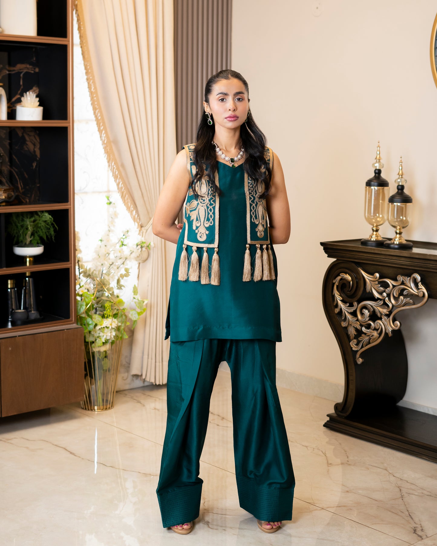 “Emerald Royale – Embroidered Waistcoat & Silk Ensemble”