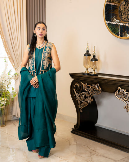 “Emerald Royale – Embroidered Waistcoat & Silk Ensemble”