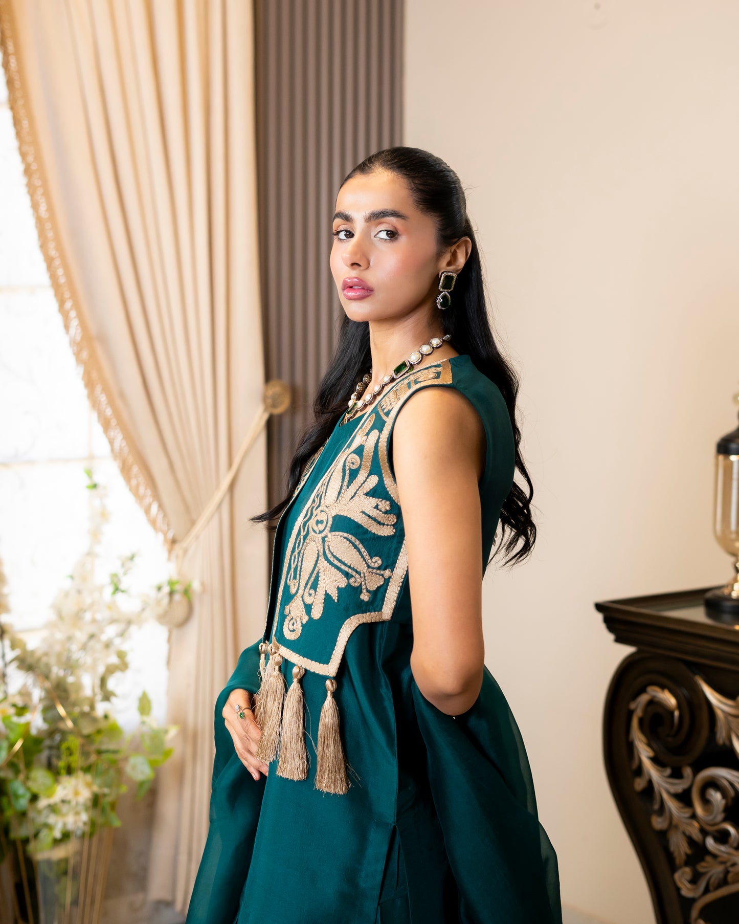 “Emerald Royale – Embroidered Waistcoat & Silk Ensemble”
