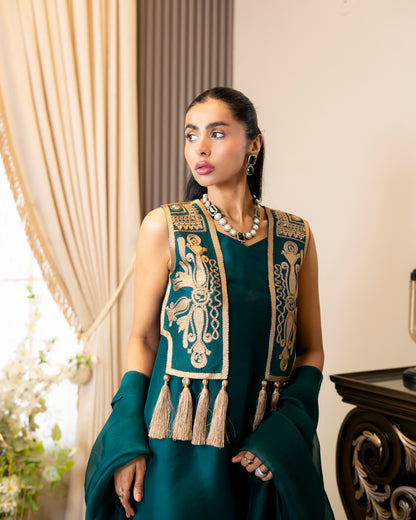 “Emerald Royale – Embroidered Waistcoat & Silk Ensemble”